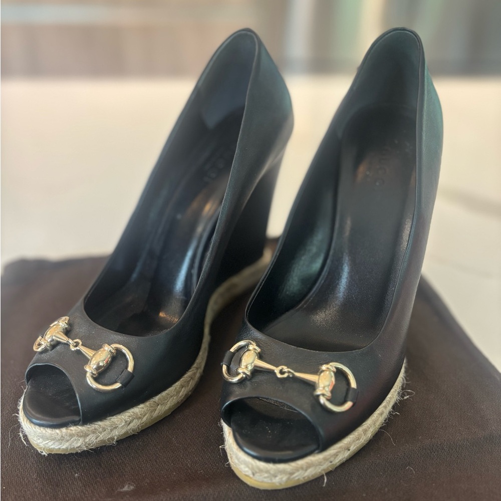 Gucci Black and Gold Wedge Shoes with Horsebit Detail